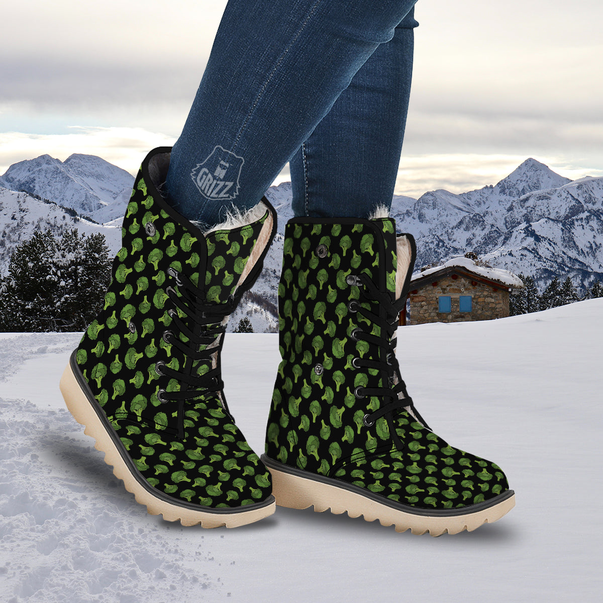 Black And Broccoli Print Pattern Snow Boots-grizzshop