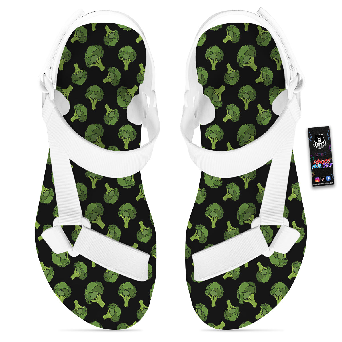 Black And Broccoli Print Pattern White Open Toe Sandals-grizzshop