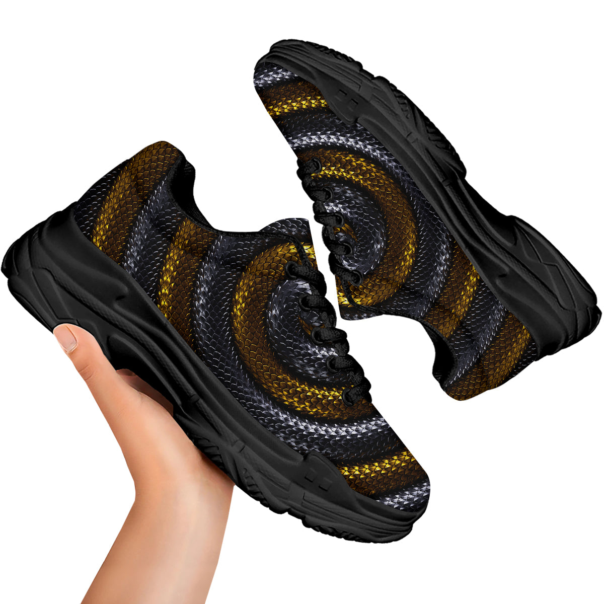 Black And Gold Twisted Snakes Print Black Chunky Shoes-grizzshop