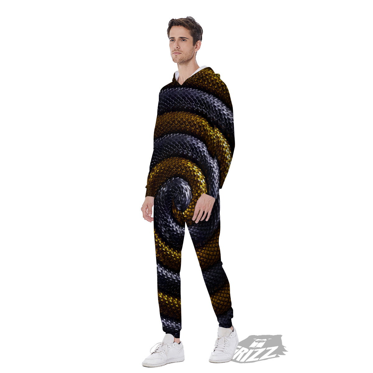Black And Gold Twisted Snakes Print Men's Jumpsuit-grizzshop