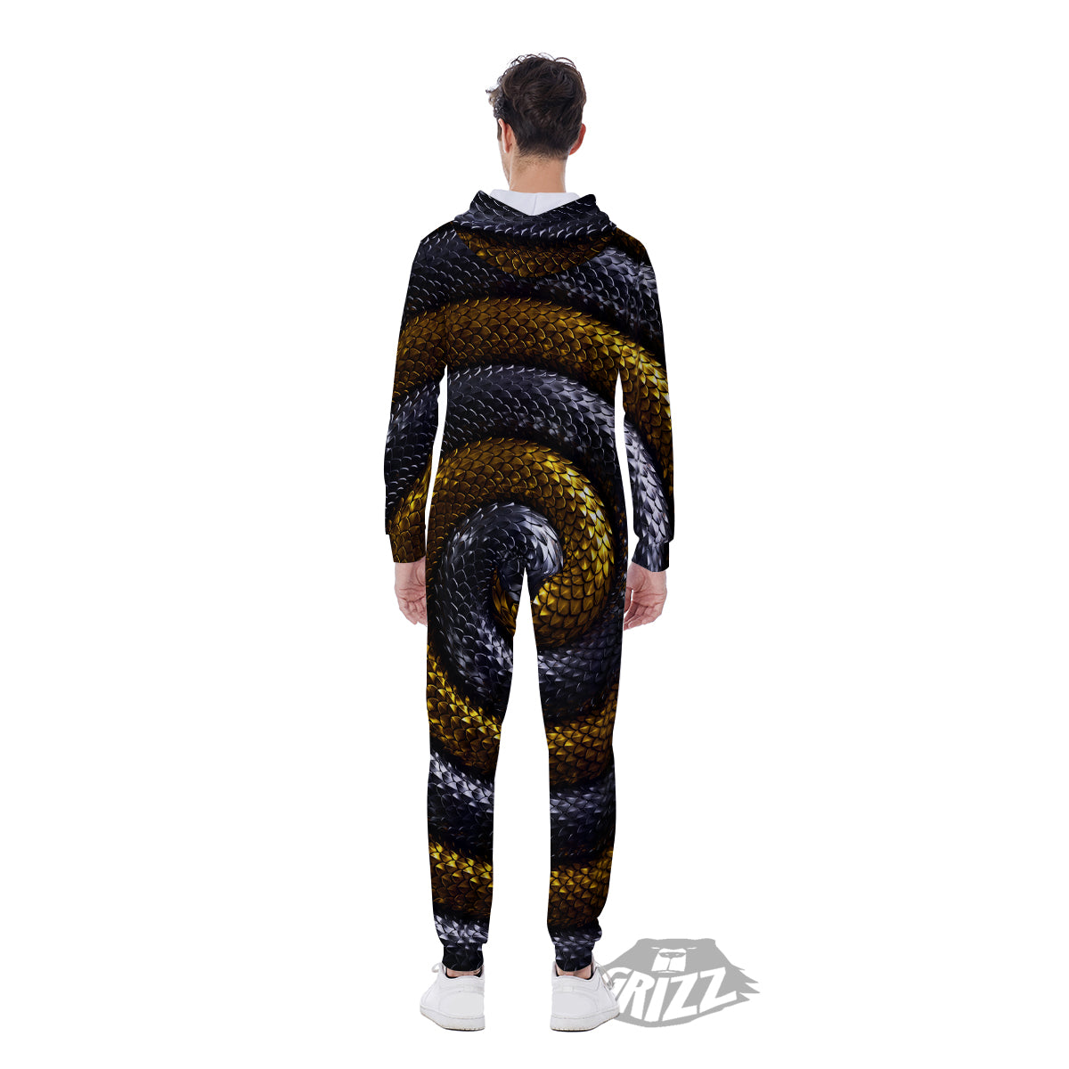 Black And Gold Twisted Snakes Print Men's Jumpsuit-grizzshop