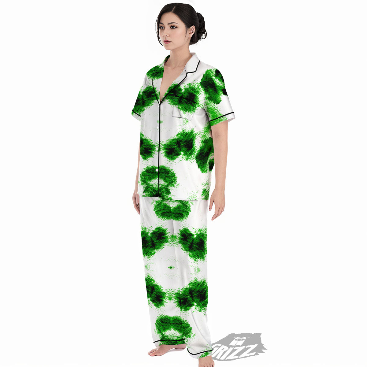 Black And Green Acid Wash Tie Dye Print Women's Pajamas Set-grizzshop