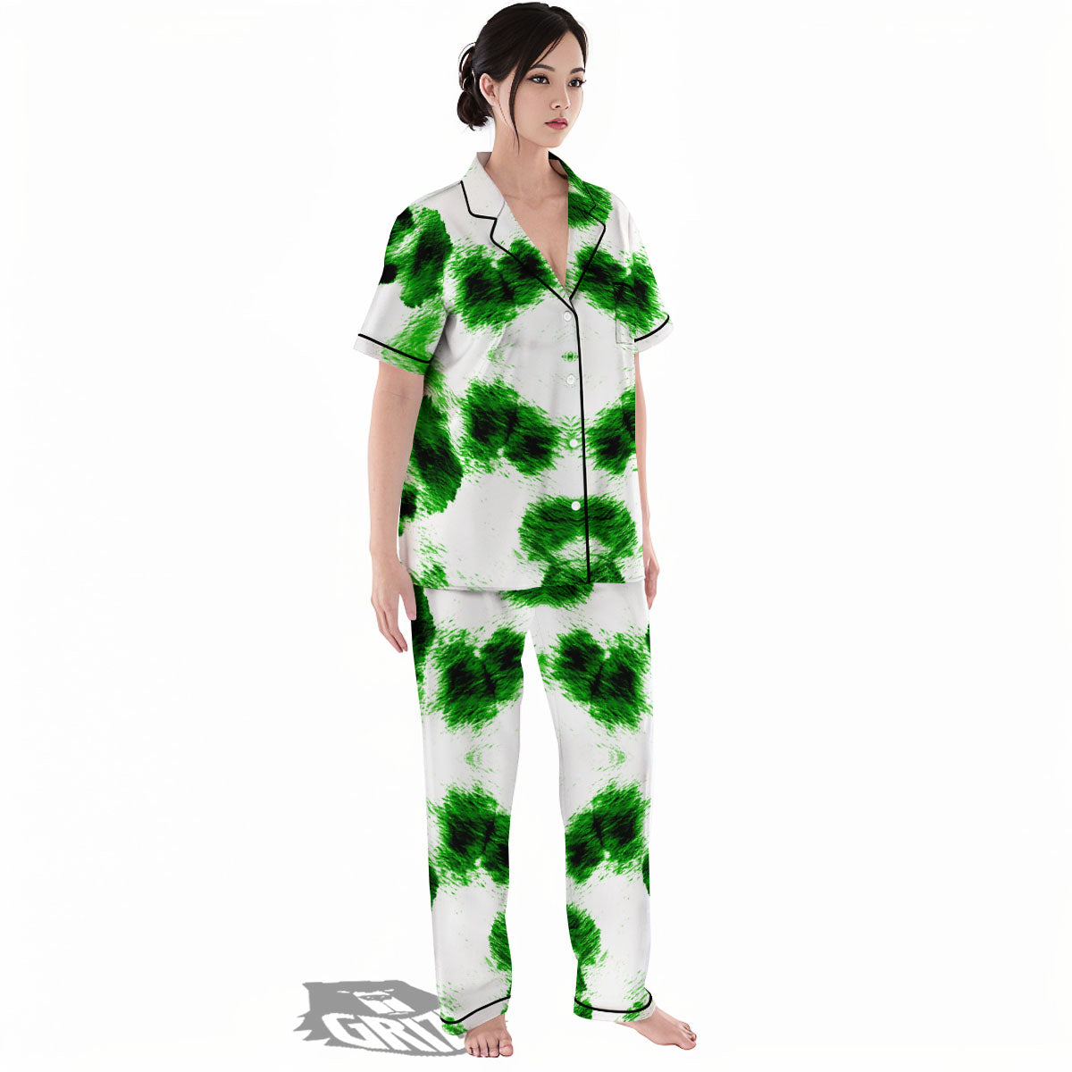 Black And Green Acid Wash Tie Dye Print Women's Pajamas Set-grizzshop