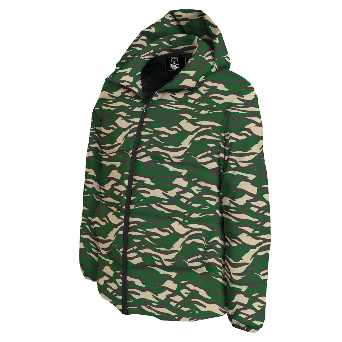 Black And Green Tiger Stripe Camo Print Down Jacket-grizzshop