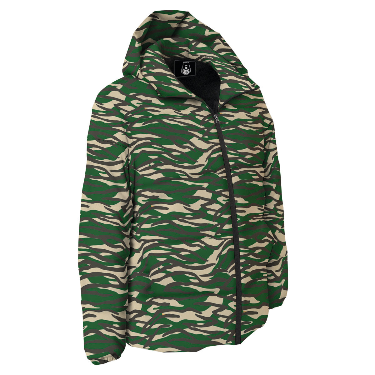 Black And Green Tiger Stripe Camo Print Down Jacket-grizzshop