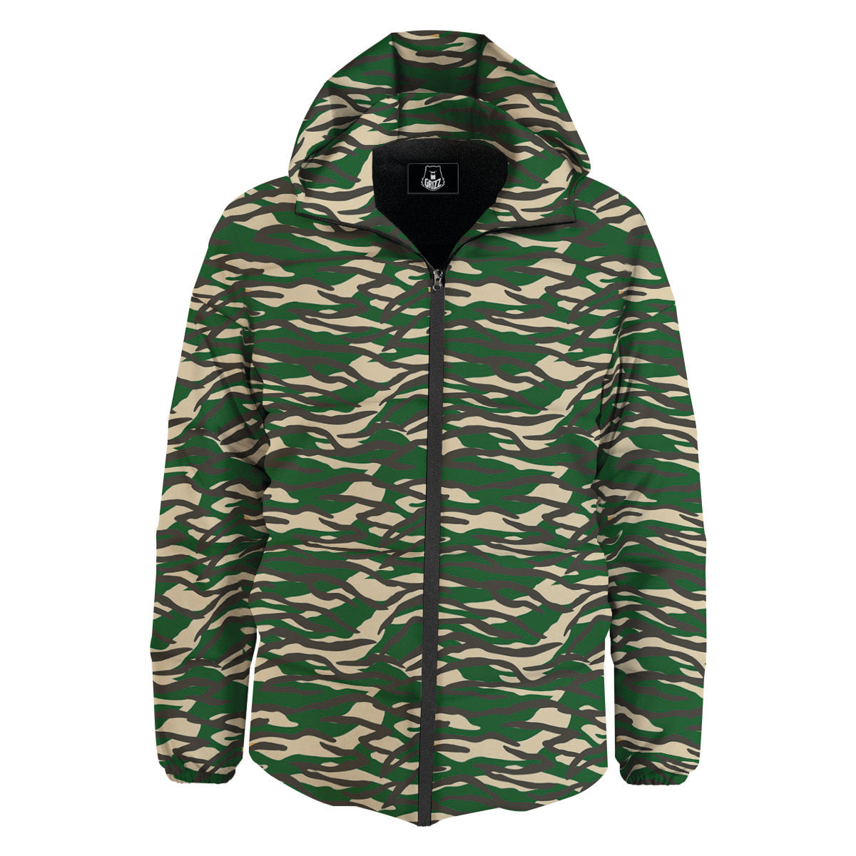 Black And Green Tiger Stripe Camo Print Down Jacket-grizzshop