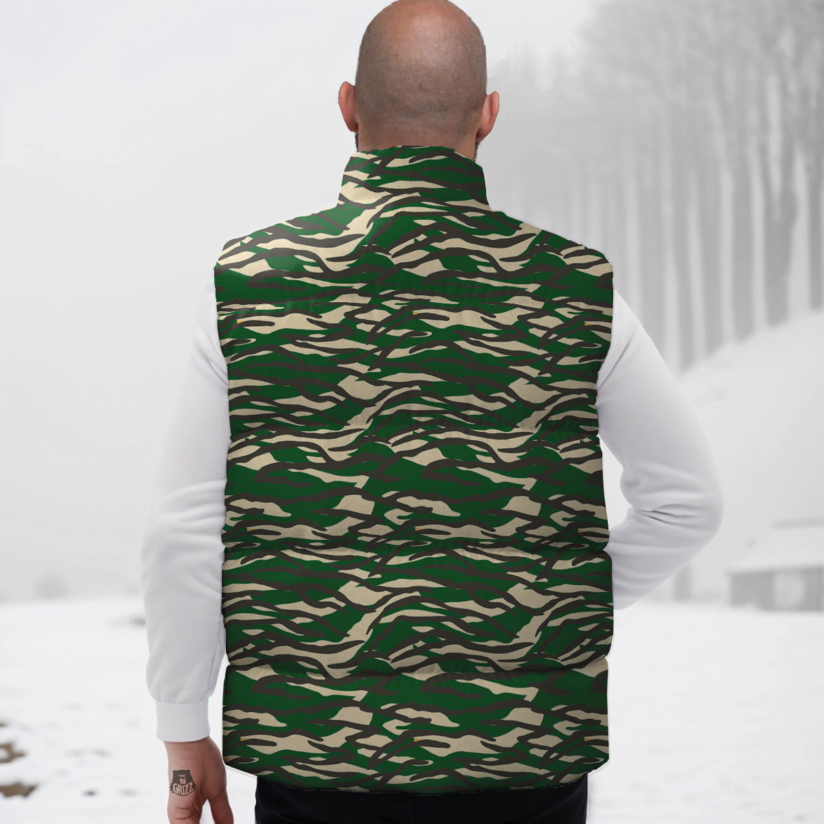 Black And Green Tiger Stripe Camo Print Down Vest