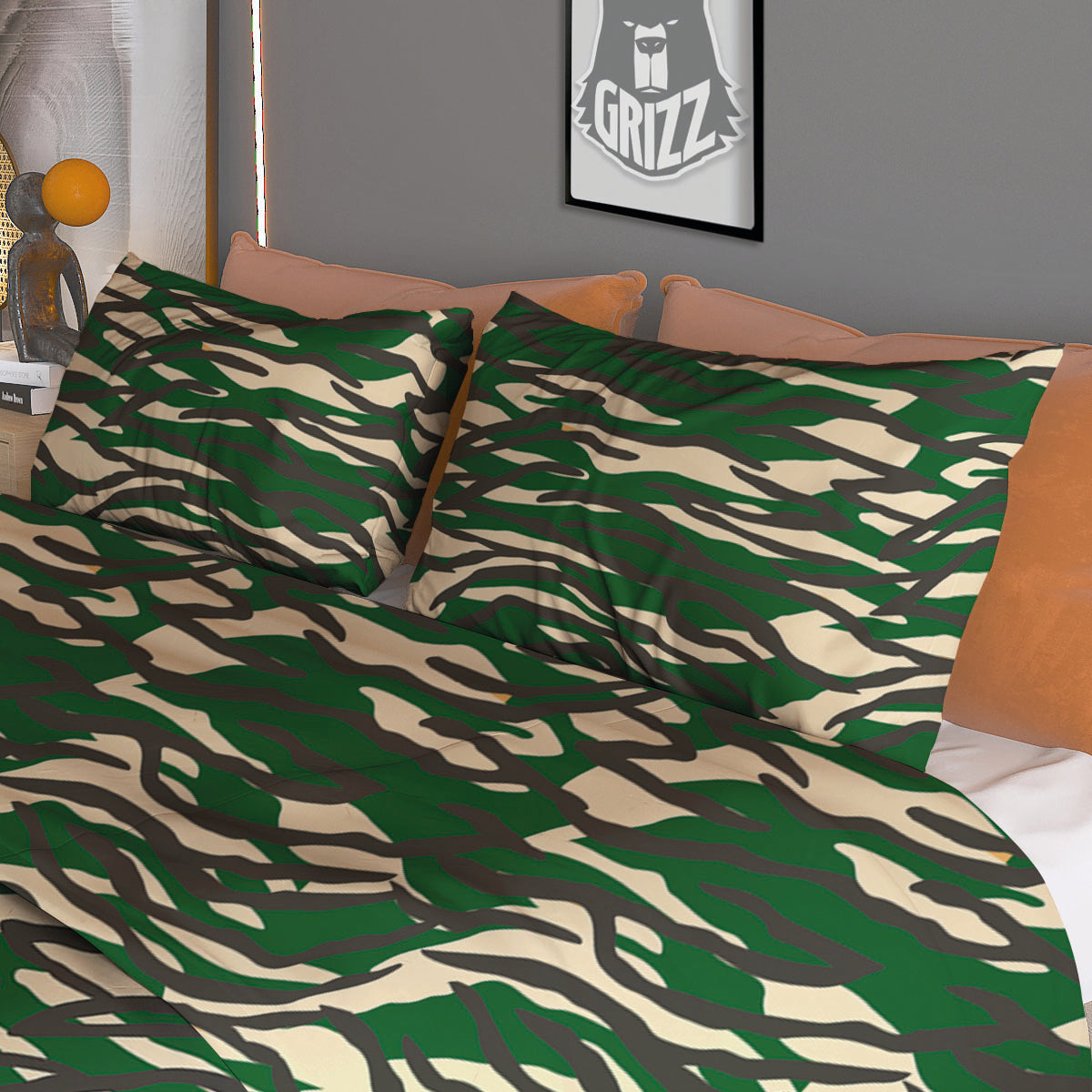 Black And Green Tiger Stripe Camo Print Duvet Cover Bedding Set