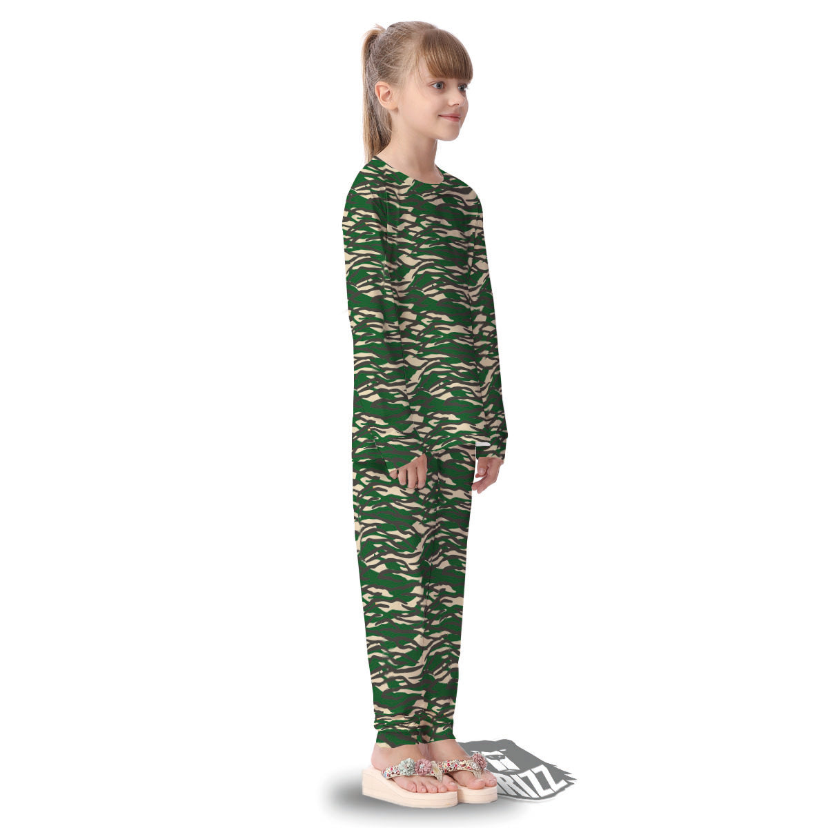 Black And Green Tiger Stripe Camo Print Kid's Pajamas-grizzshop