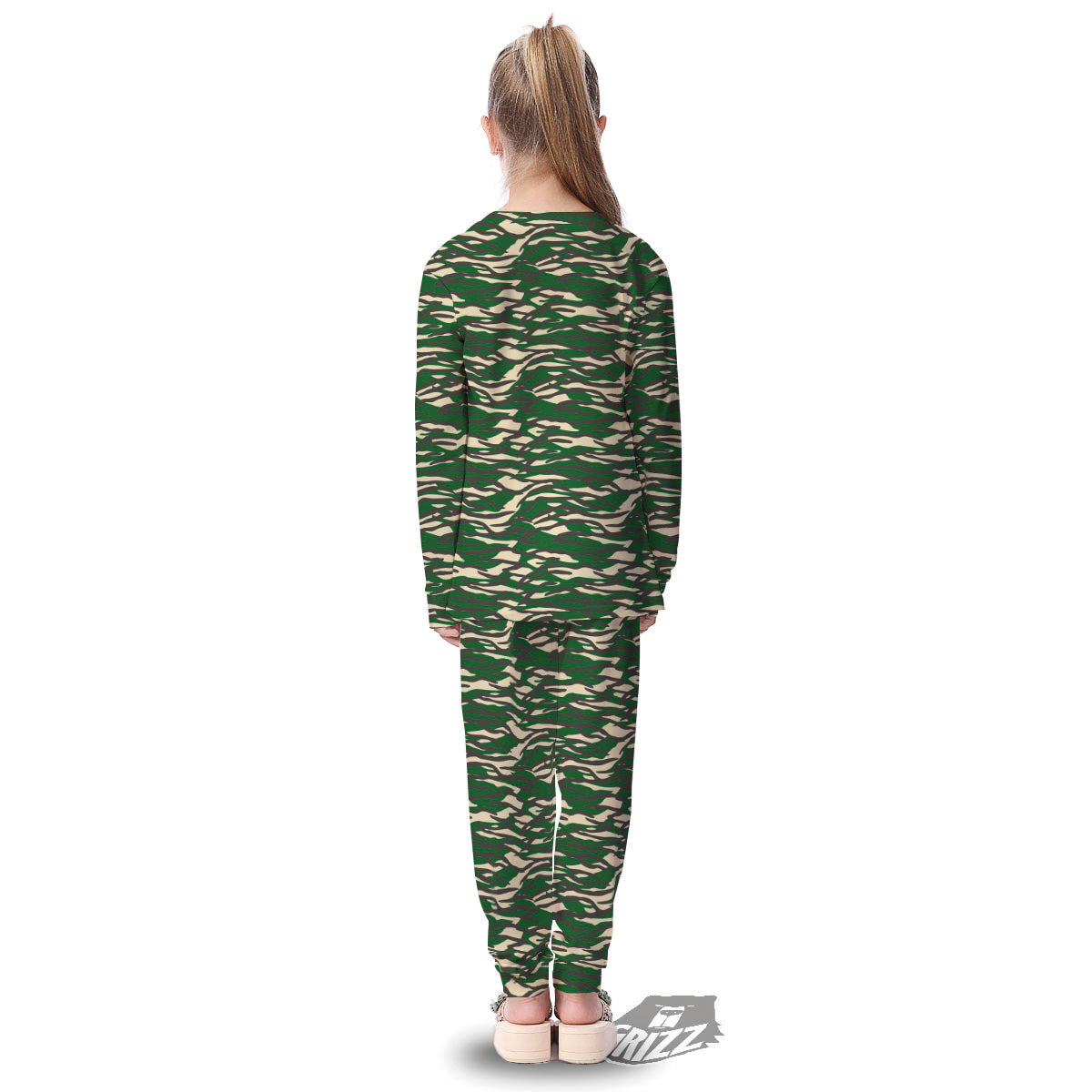 Black And Green Tiger Stripe Camo Print Kid's Pajamas-grizzshop