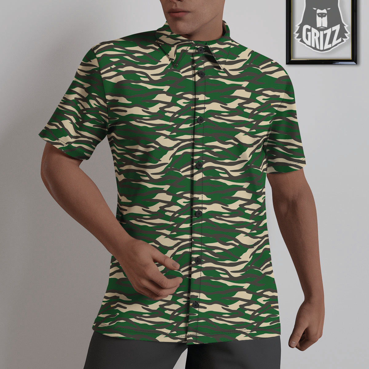 Black And Green Tiger Stripe Camo Print Untucked Shirts-grizzshop
