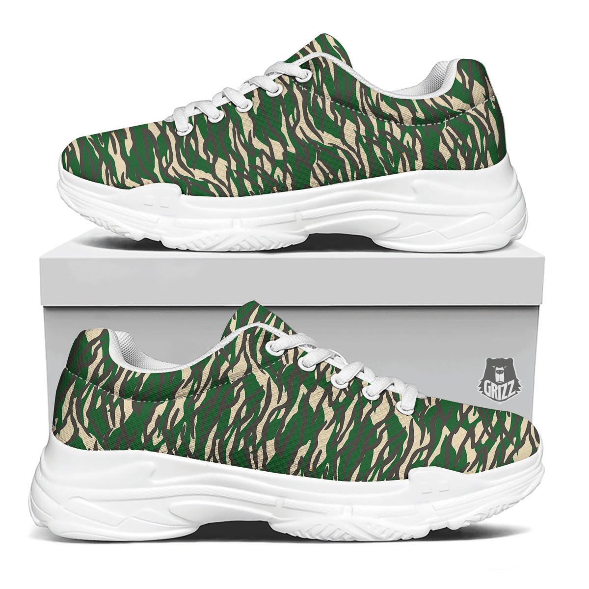 Black And Green Tiger Stripe Camo Print White Chunky Shoes-grizzshop