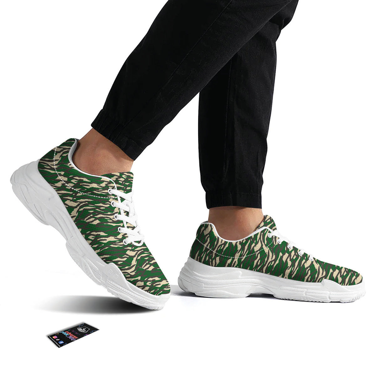 Black And Green Tiger Stripe Camo Print White Chunky Shoes-grizzshop