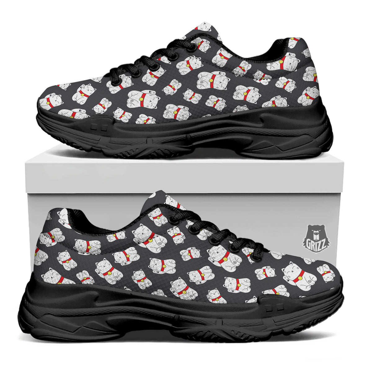 Black And Lucky Cat Print Pattern Black Chunky Shoes-grizzshop