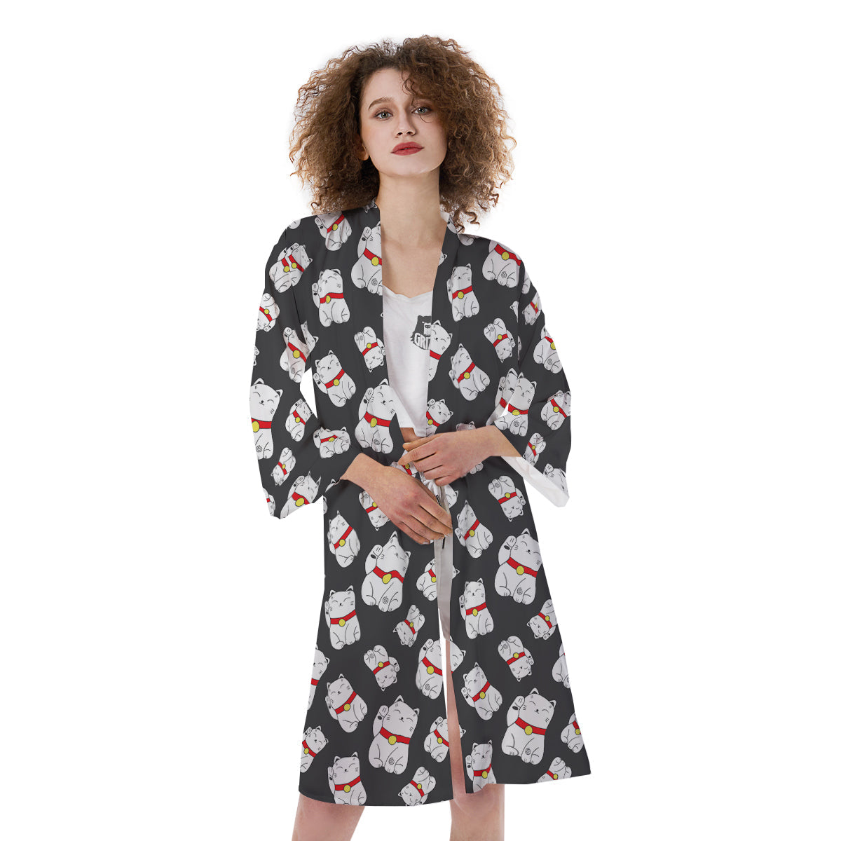 Black And Lucky Cat Print Pattern Kimono-grizzshop