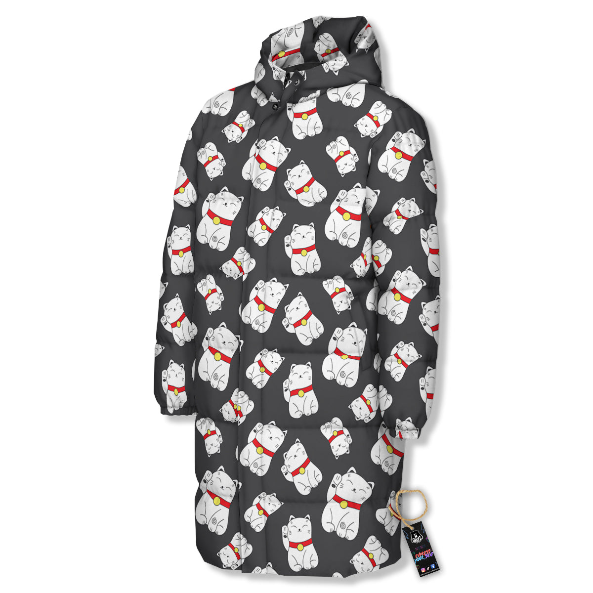 Black And Lucky Cat Print Pattern Long Down Jacket-grizzshop