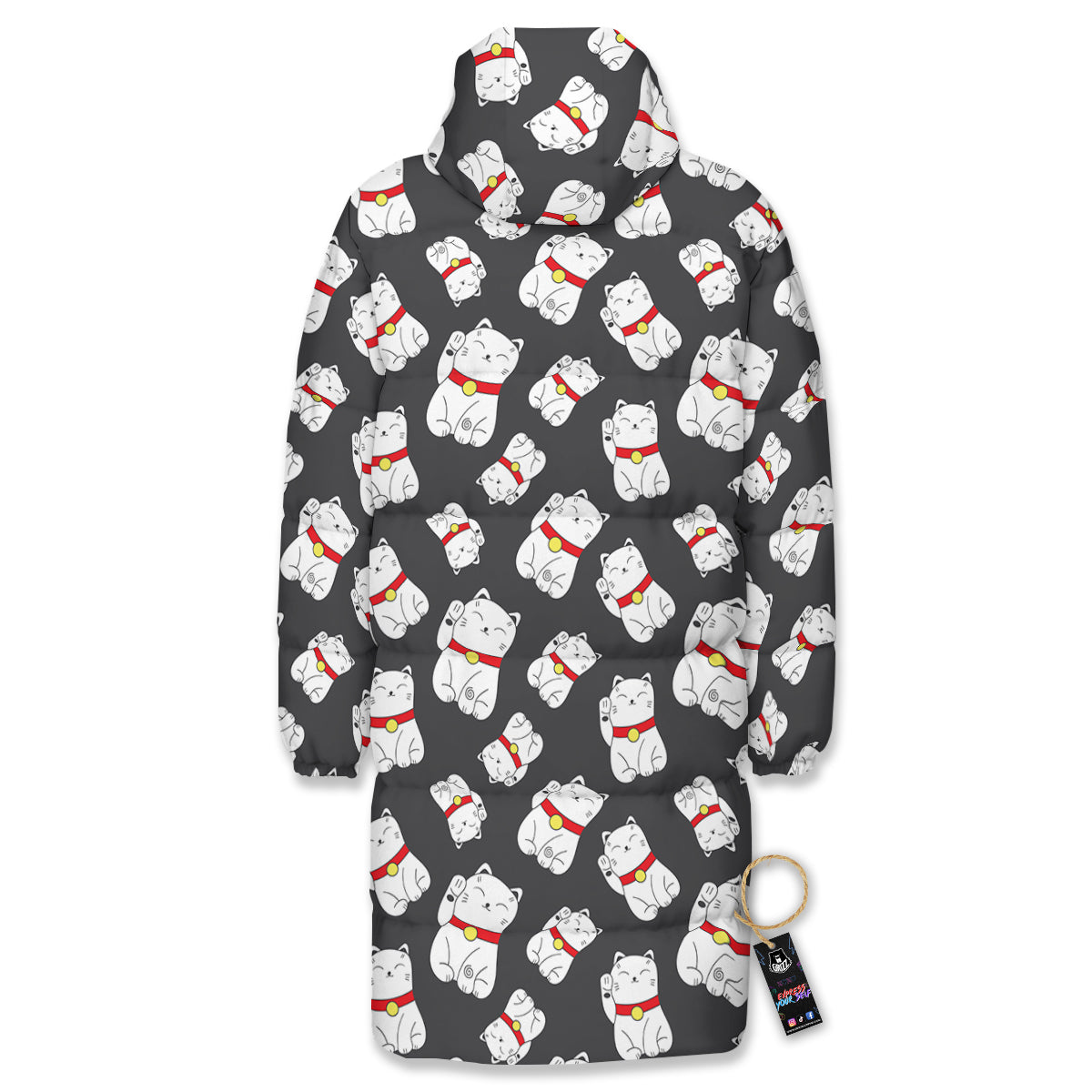 Black And Lucky Cat Print Pattern Long Down Jacket-grizzshop