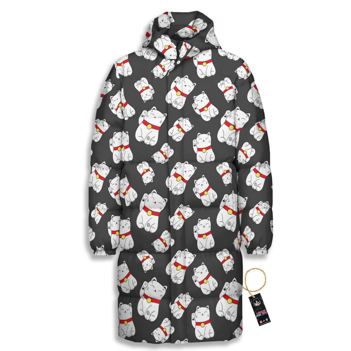 Black And Lucky Cat Print Pattern Long Down Jacket-grizzshop