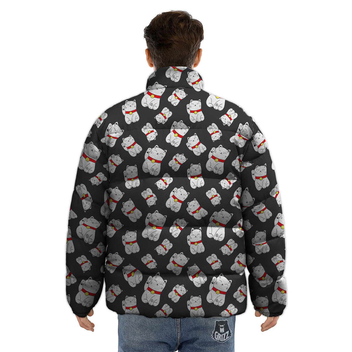 Black And Lucky Cat Print Pattern Puffer Jacket-grizzshop