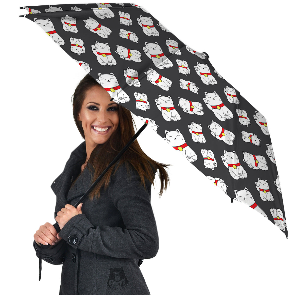 Black And Lucky Cat Print Pattern Umbrella-grizzshop