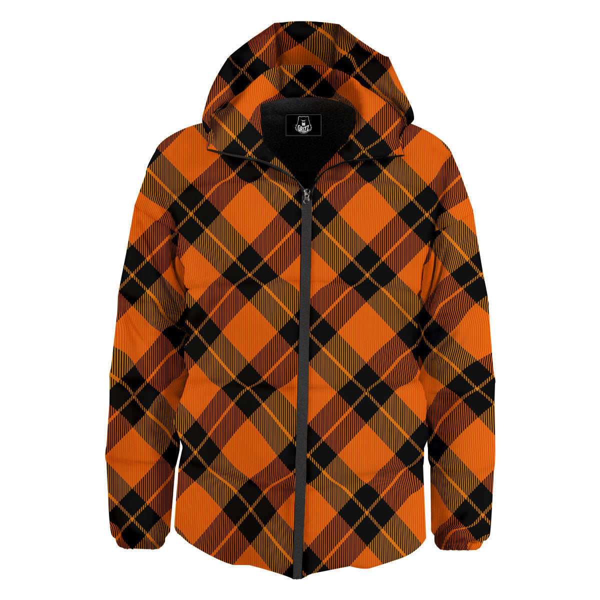 Black And Orange Plaid Print Pattern Down Jacket-grizzshop