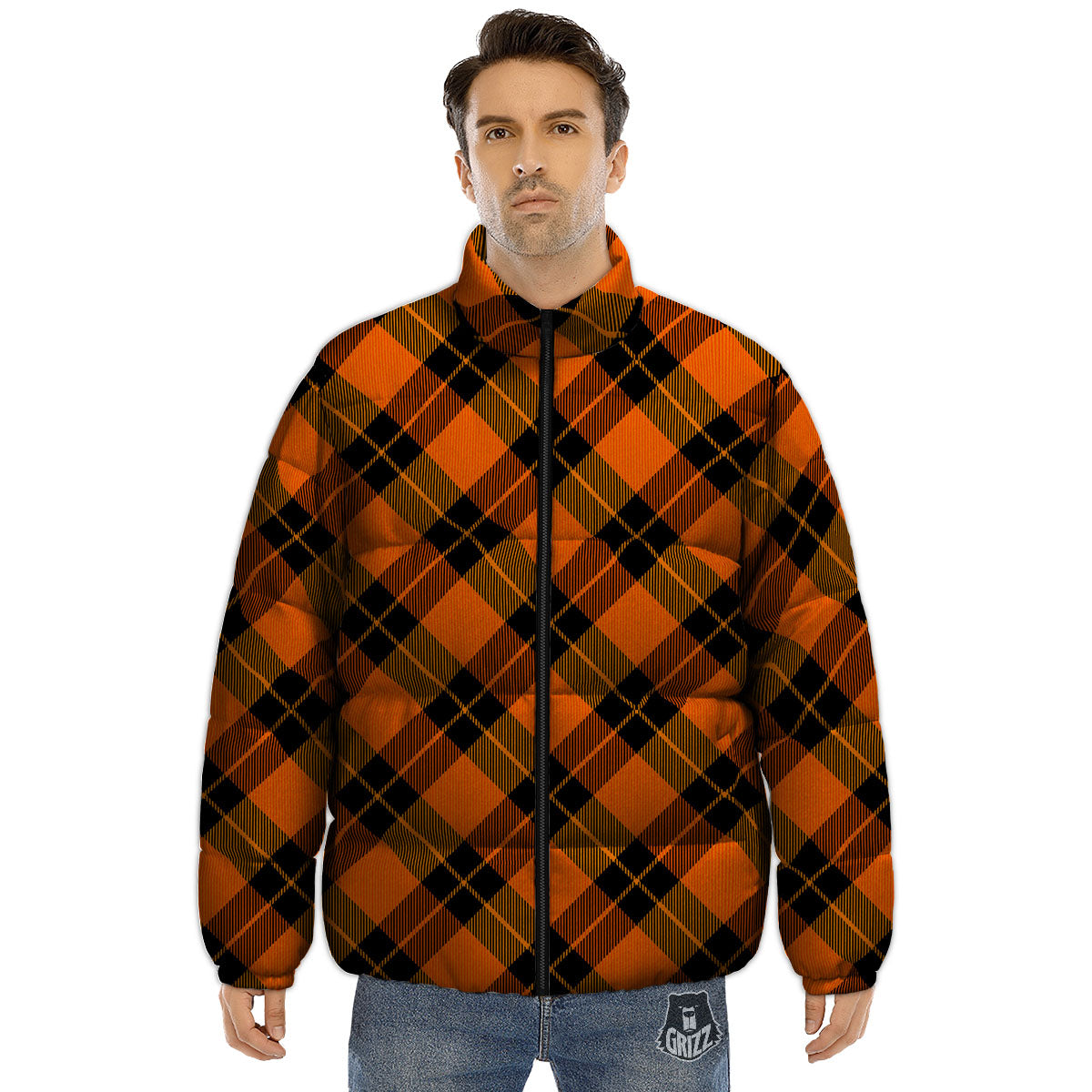 Black And Orange Plaid Print Pattern Puffer Jacket-grizzshop