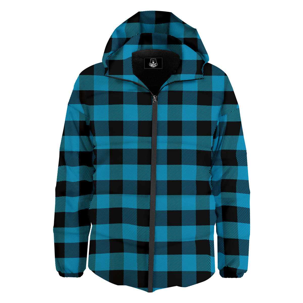 Black And Turquoise Check Print Pattern Down Jacket-grizzshop