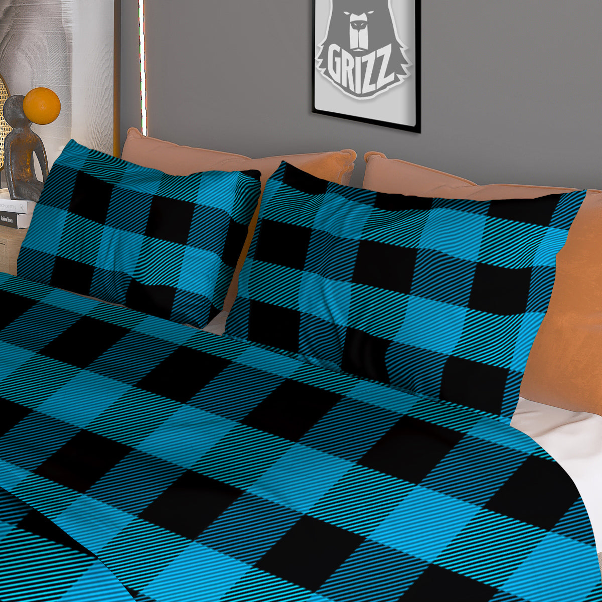 Black And Turquoise Check Print Pattern Duvet Cover Bedding Set