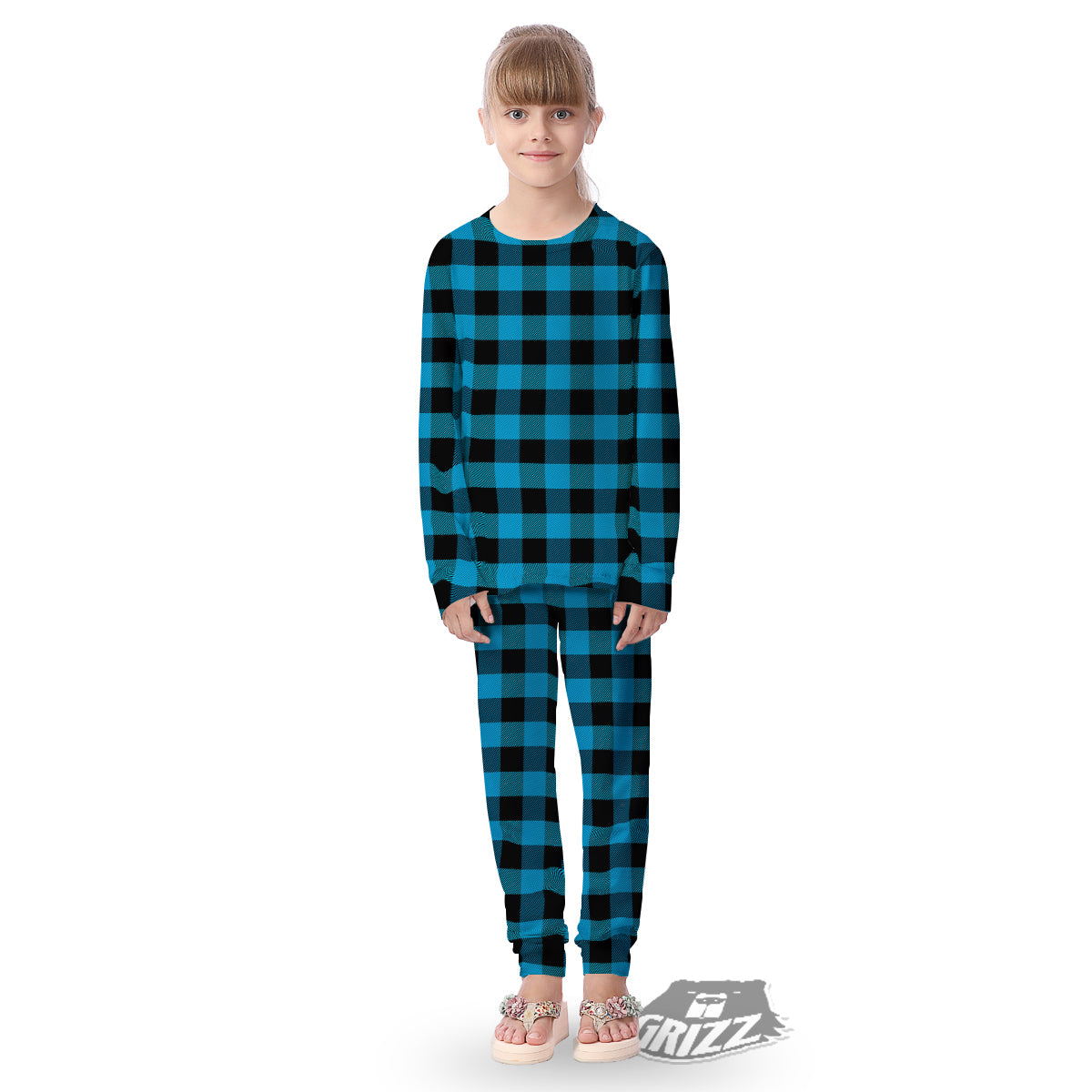 Black And Turquoise Check Print Pattern Kid's Pajamas-grizzshop