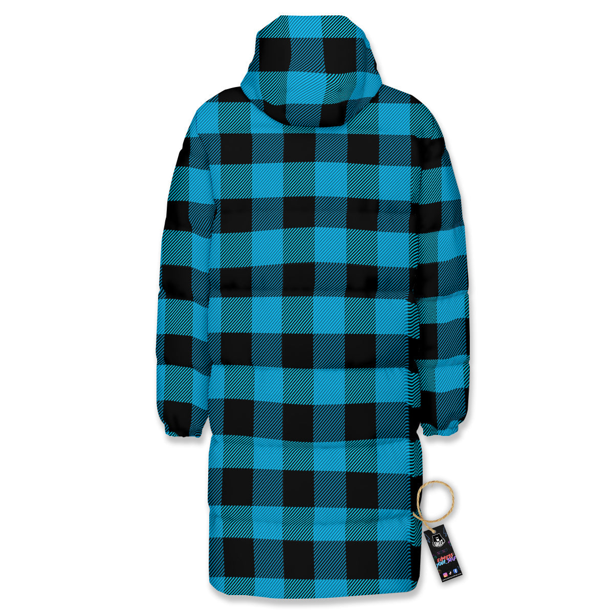 Black And Turquoise Check Print Pattern Long Down Jacket-grizzshop