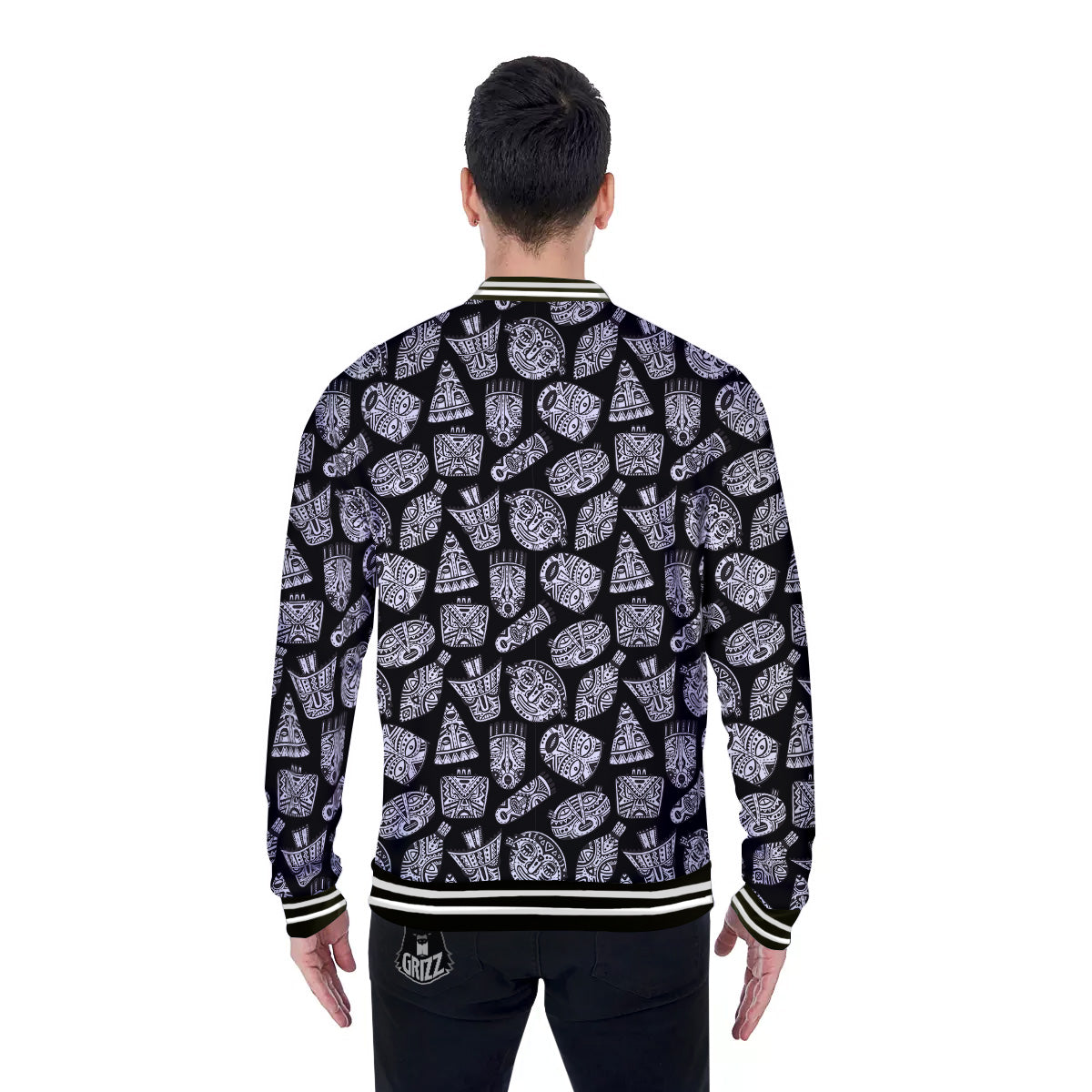 Black And White African Fancy Masks Print Pattern Baseball Jacket-grizzshop