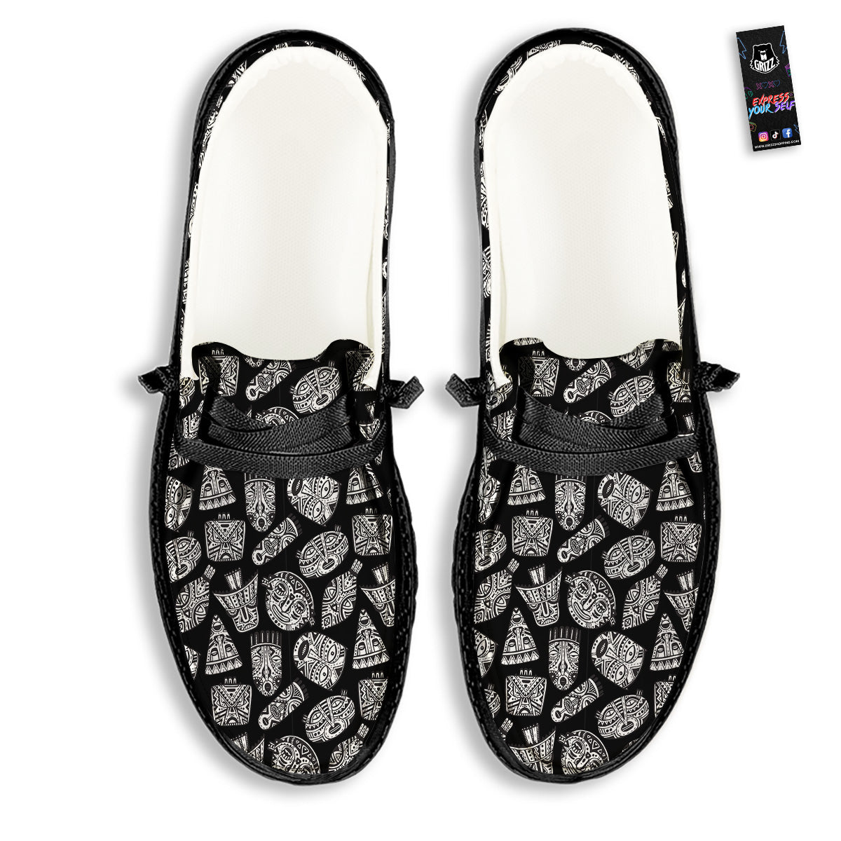 Black And White African Fancy Masks Print Pattern Black Loafers-grizzshop