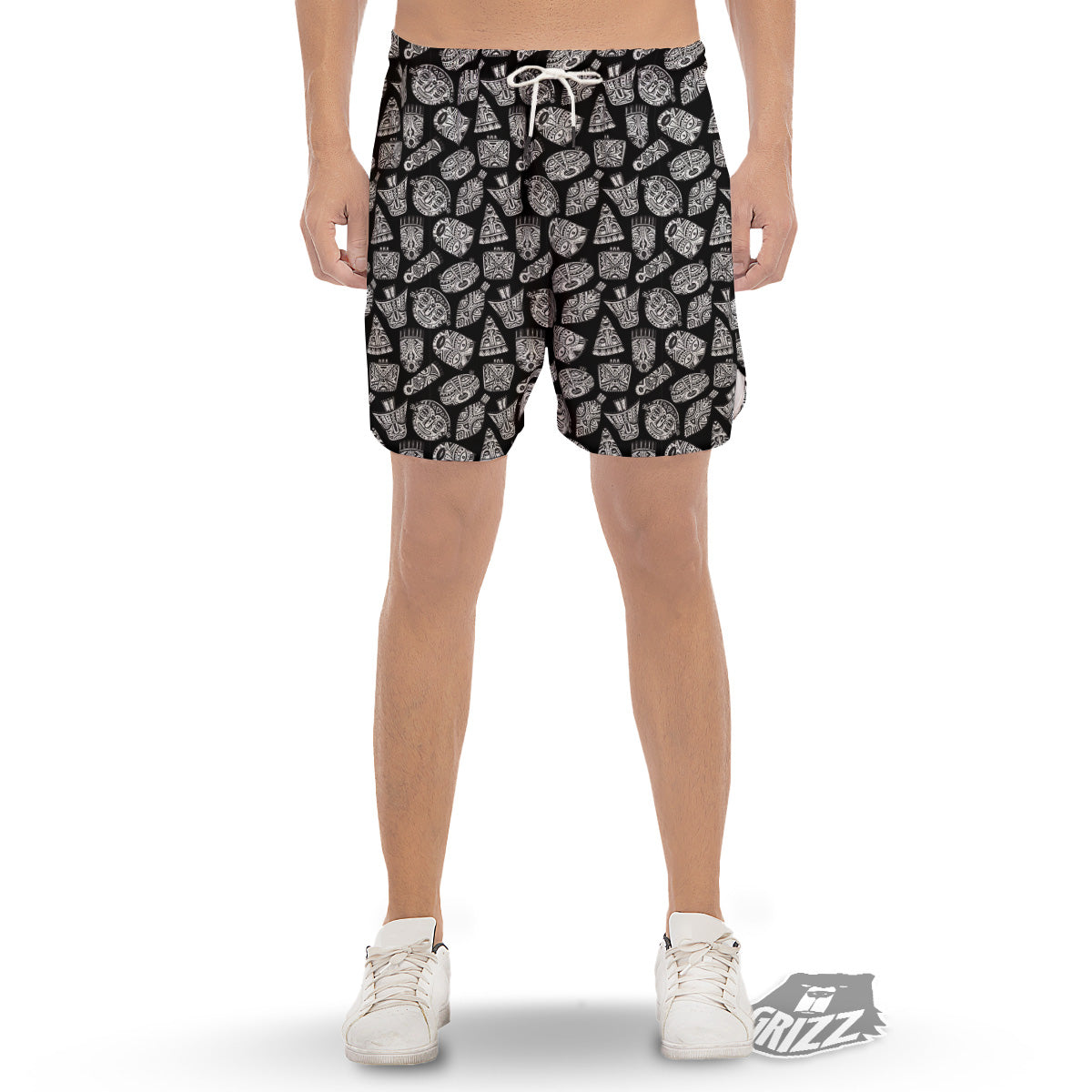 Black And White African Fancy Masks Print Pattern Men's Gym Shorts-grizzshop