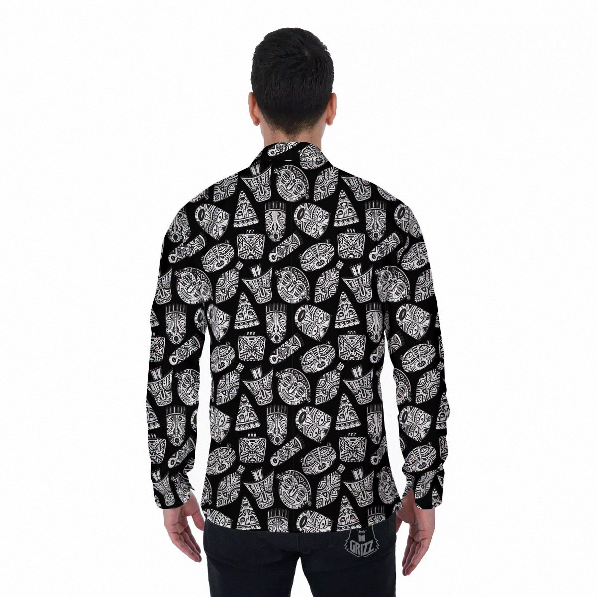 Black And White African Fancy Masks Print Pattern Men's Long Sleeve Shirts-grizzshop