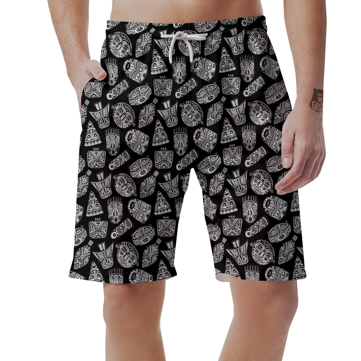 Black And White African Fancy Masks Print Pattern Men's Shorts-grizzshop