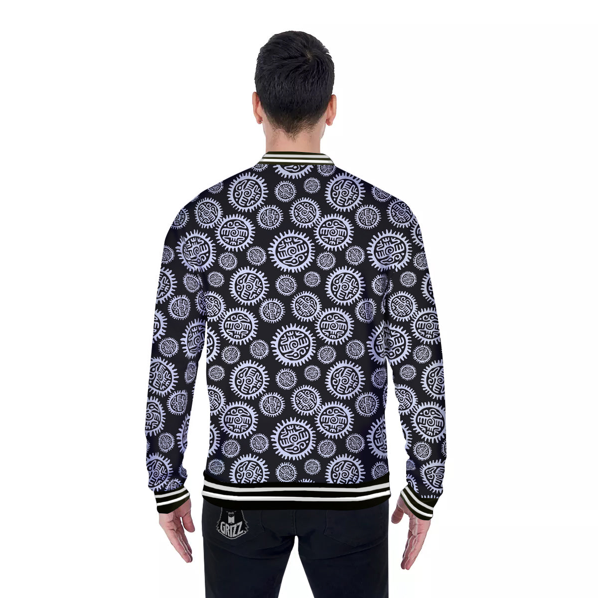 Black And White Aztec Mayan Eagle Print Pattern Baseball Jacket-grizzshop