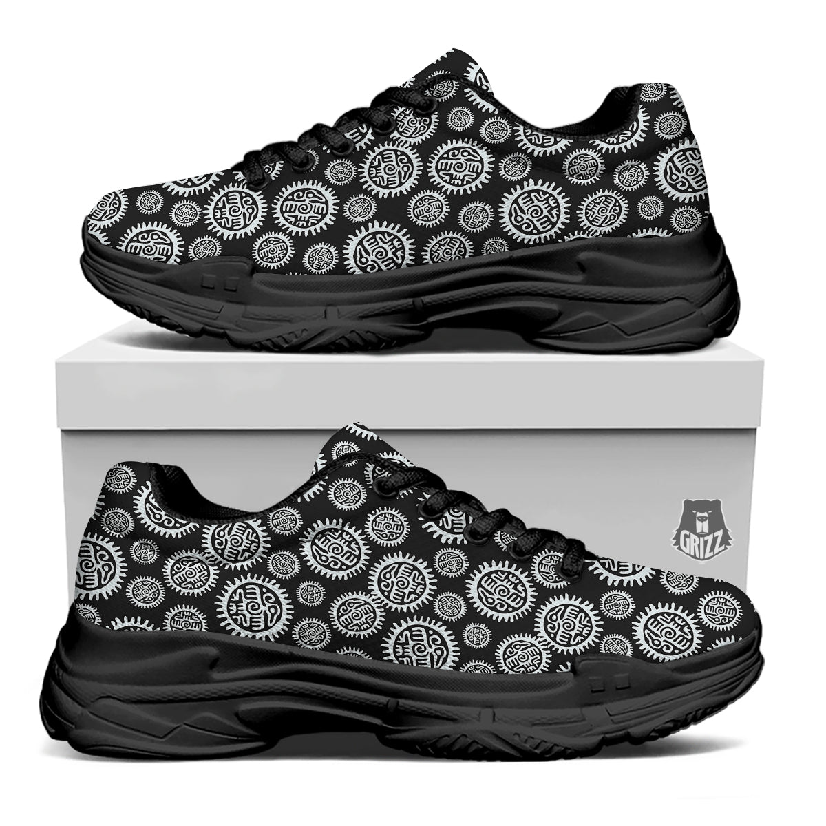 Black And White Aztec Mayan Eagle Print Pattern Black Chunky Shoes-grizzshop