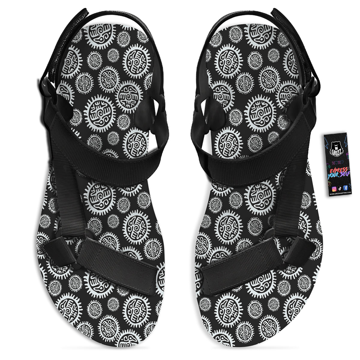 Black And White Aztec Mayan Eagle Print Pattern Black Open Toe Sandals-grizzshop