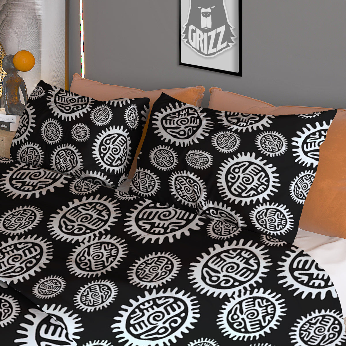 Black And White Aztec Mayan Eagle Print Pattern Duvet Cover Bedding Set