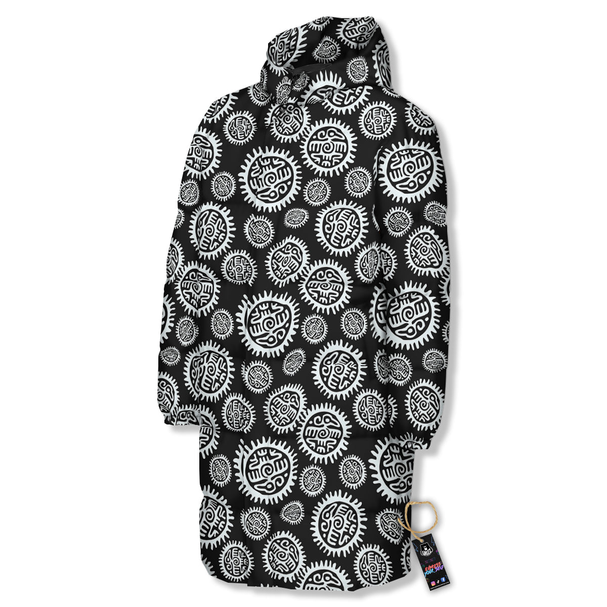 Black And White Aztec Mayan Eagle Print Pattern Long Down Jacket-grizzshop