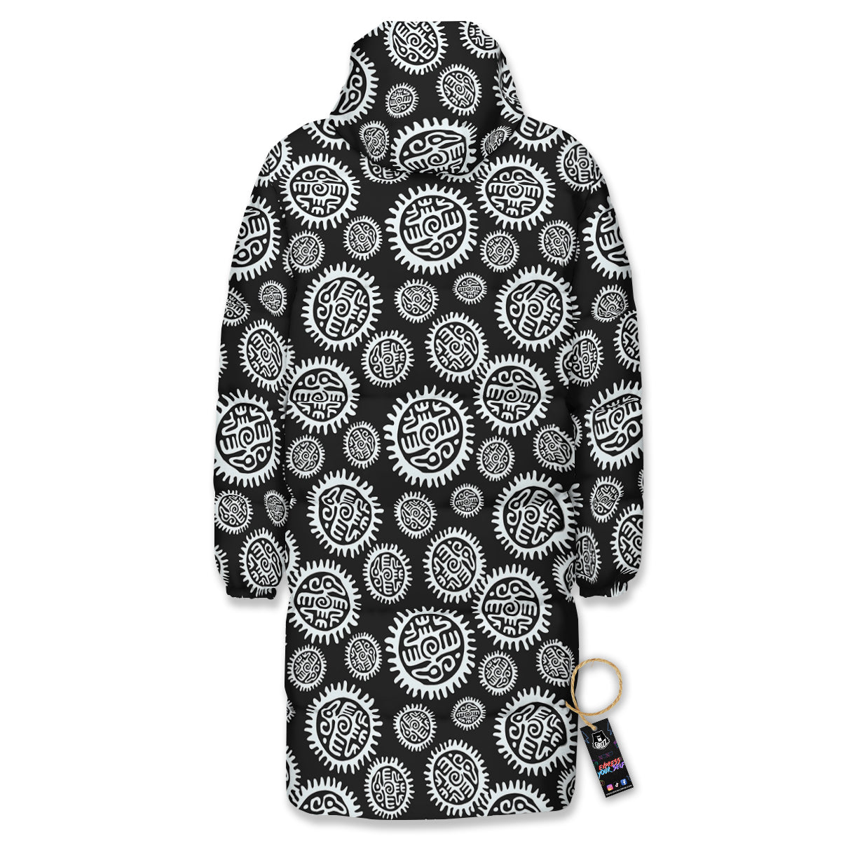 Black And White Aztec Mayan Eagle Print Pattern Long Down Jacket-grizzshop