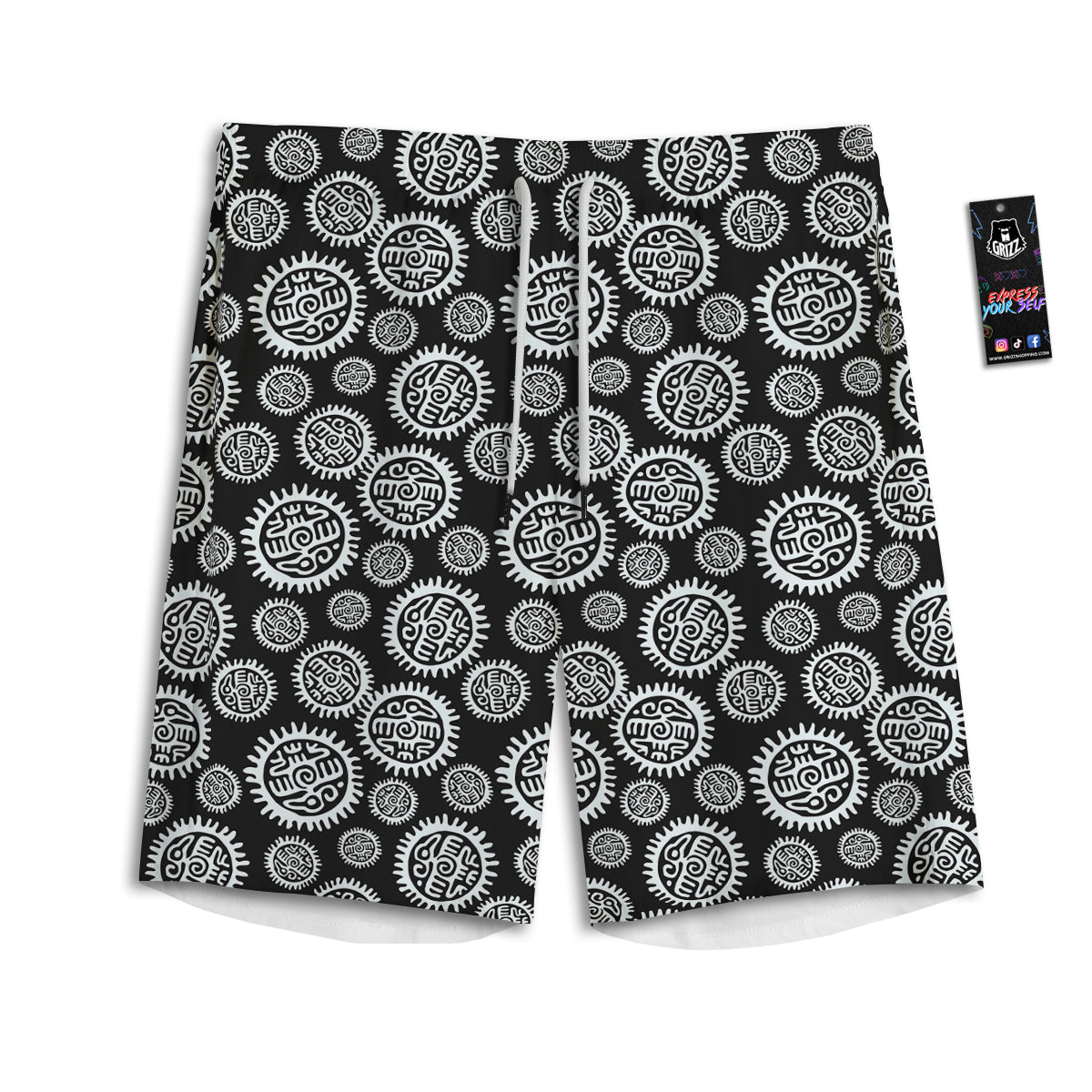 Black And White Aztec Mayan Eagle Print Pattern Men's Athletic Shorts