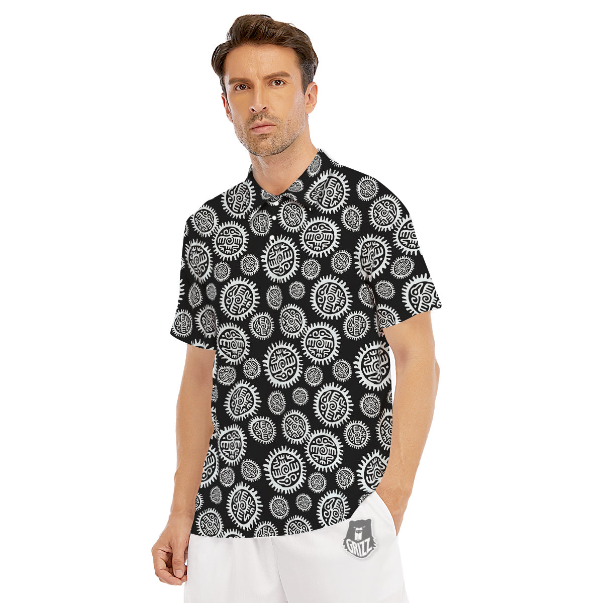 Black And White Aztec Mayan Eagle Print Pattern Men's Golf Shirts-grizzshop