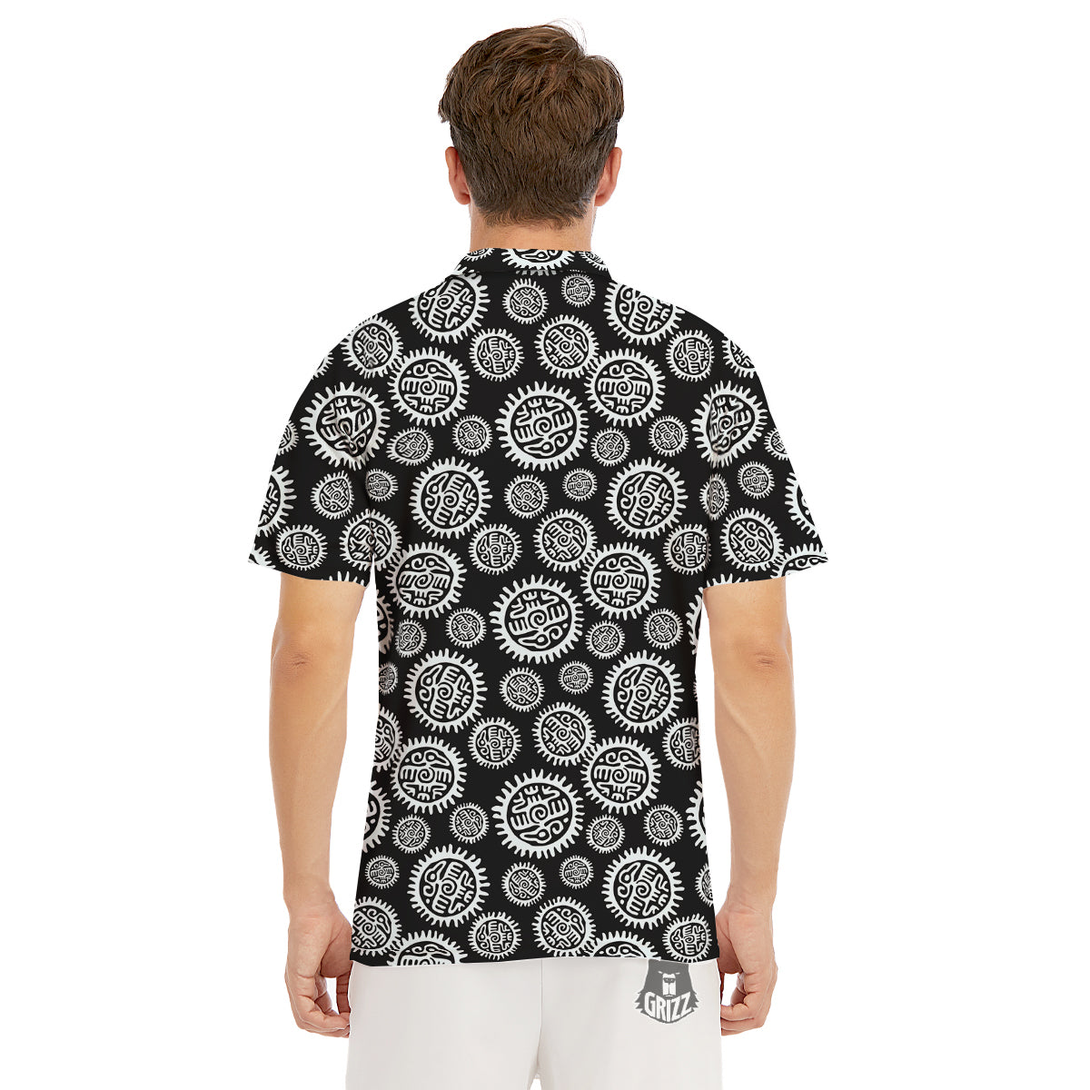 Black And White Aztec Mayan Eagle Print Pattern Men's Golf Shirts-grizzshop