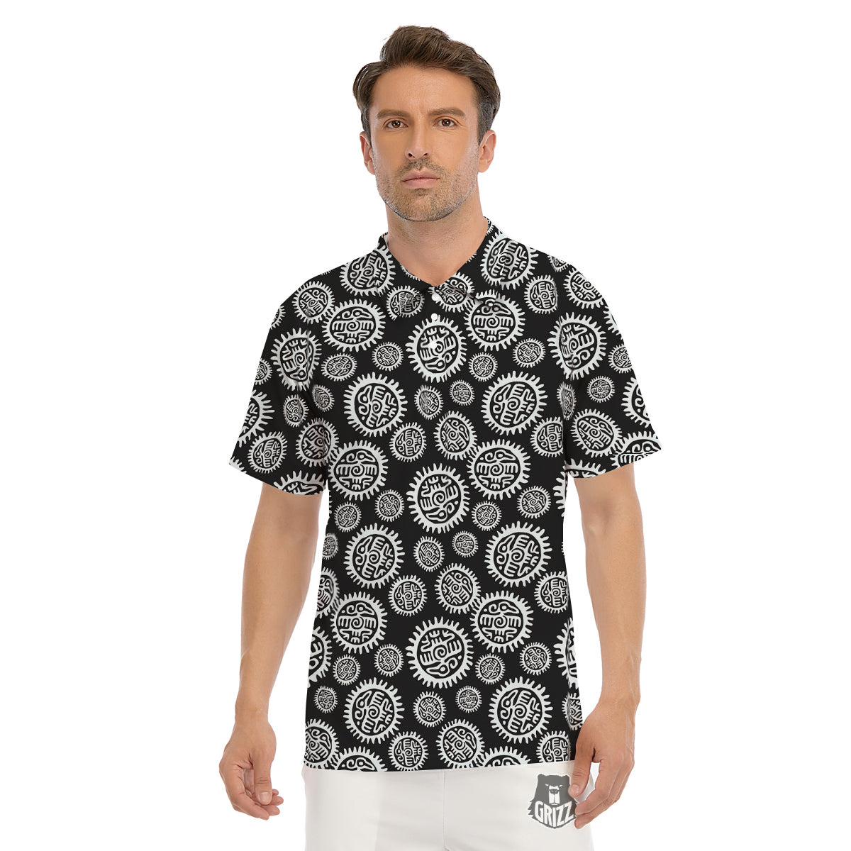 Black And White Aztec Mayan Eagle Print Pattern Men's Golf Shirts-grizzshop