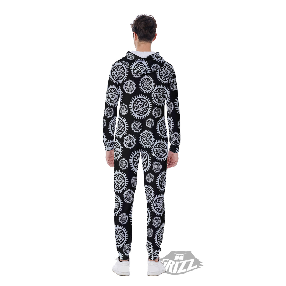 Black And White Aztec Mayan Eagle Print Pattern Men's Jumpsuit-grizzshop