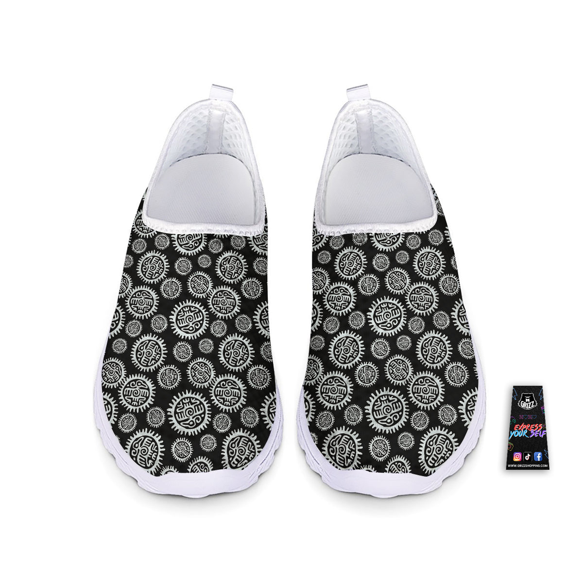 Black And White Aztec Mayan Eagle Print Pattern Nurse Shoes-grizzshop