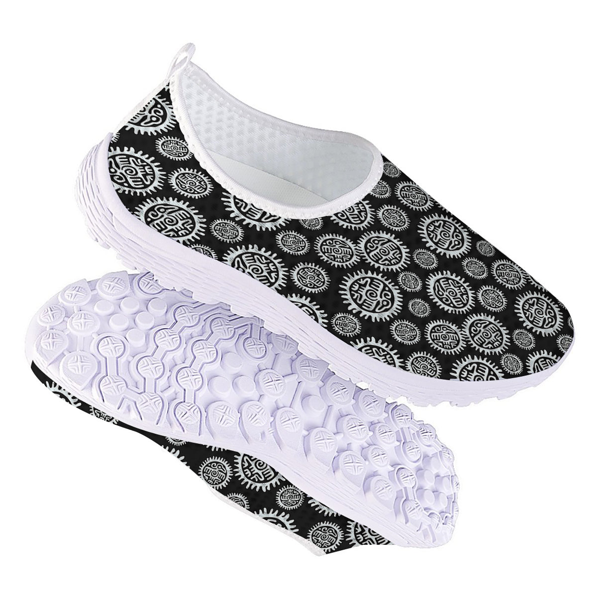 Black And White Aztec Mayan Eagle Print Pattern Nurse Shoes-grizzshop