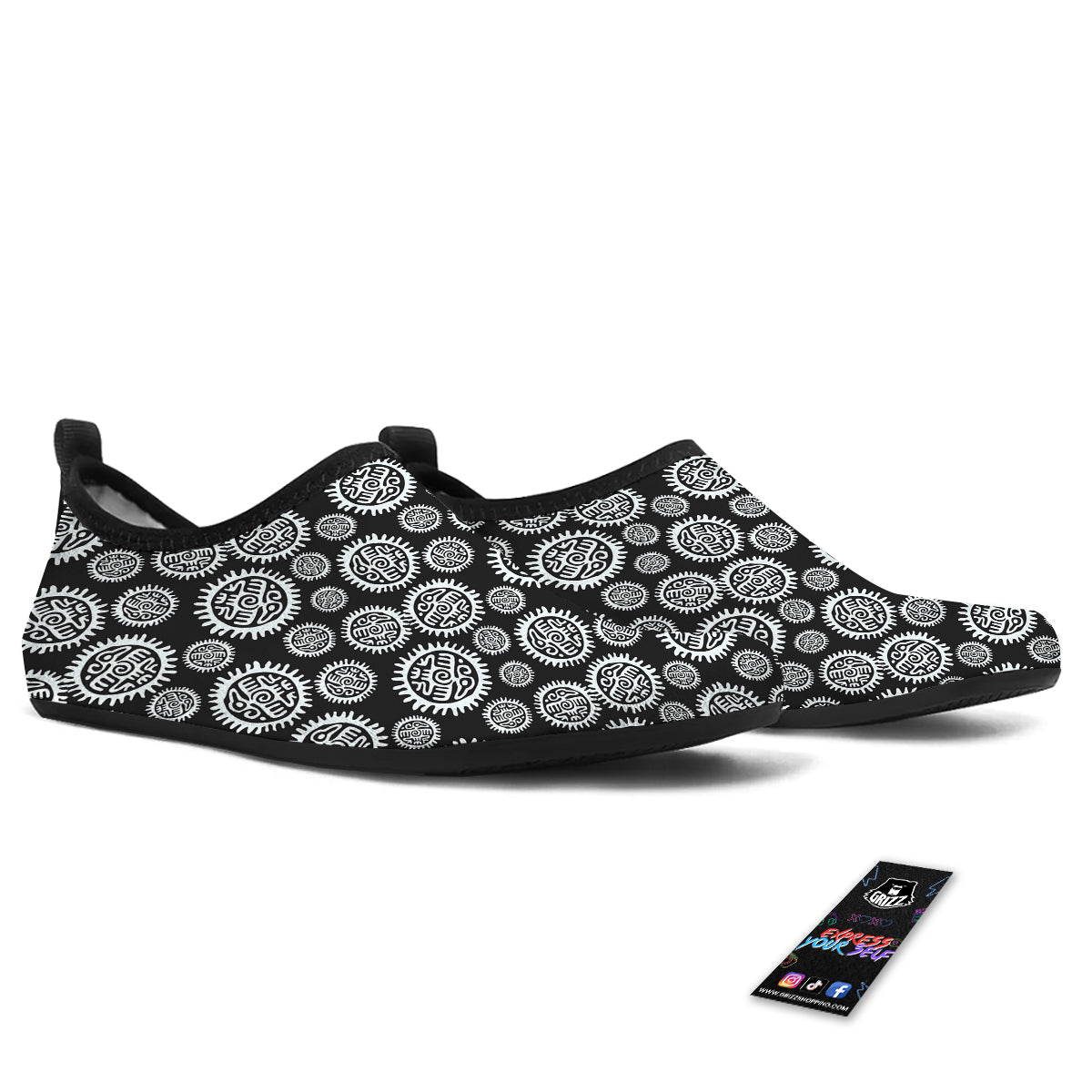 Black And White Aztec Mayan Eagle Print Pattern Water Shoes-grizzshop