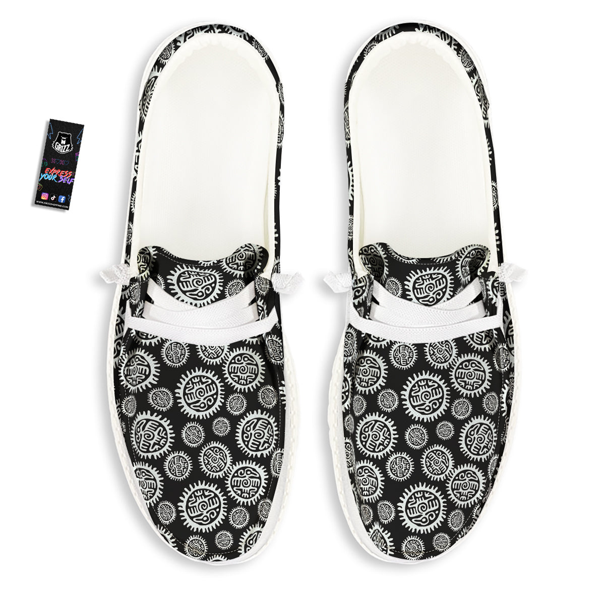 Black And White Aztec Mayan Eagle Print Pattern White Loafers-grizzshop